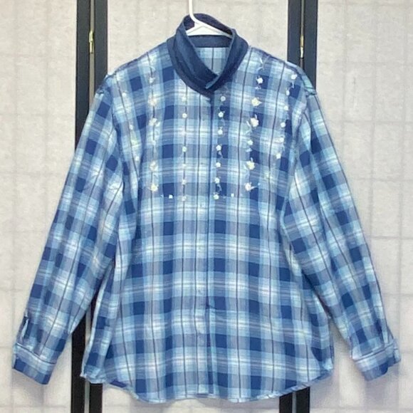 Long Sleeve Plaid Embroidered Front Mother of Pearl Button Shirt Blue XL Teddi - Picture 5 of 12
